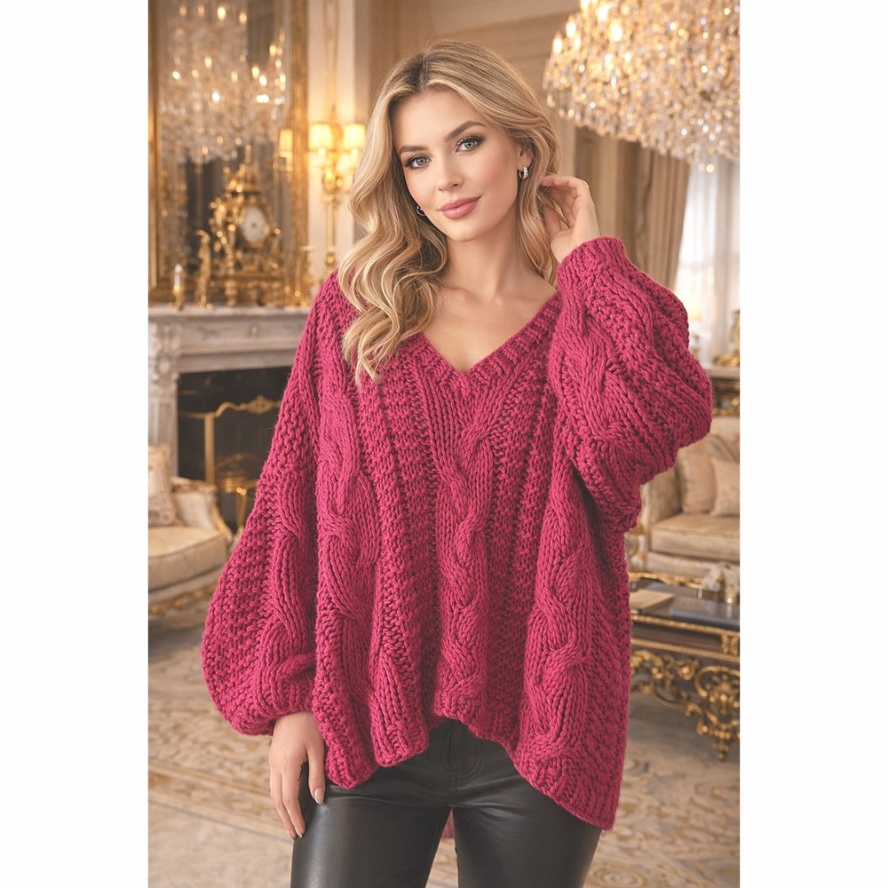 Soft Gorgeous Pink Oversized Cable Knit Lantern Sleeve V Neck V Back Sweater!